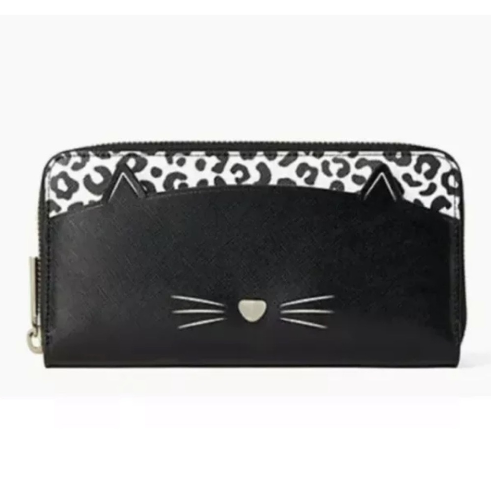 SALE 🏷 kate spade meow cat large continental wallet Leopard Black White